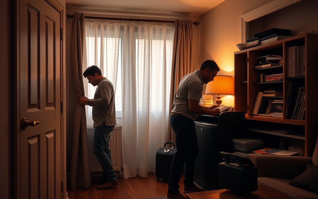 A Cozy Apartment Interior With A Tenant Carefully Securing Their Privacy. In The Foreground, A Tenant Meticulously Installs New Locks On The Doors, Ensuring Their Personal Space Is Protected. The Mid-Ground Shows The Tenant Drawing Curtains Over The Windows, Blocking Any Unwanted Views From The Outside. In The Background, The Tenant Organizes Their Personal Documents And Valuables In A Secure Lockbox, Safeguarding Their Property. The Scene Is Bathed In Warm, Soft Lighting, Conveying A Sense Of Security And Control. The Overall Atmosphere Is One Of A Tenant Taking Proactive Steps To Safeguard Their Rights And Maintain Their Privacy Within Their Own Home.