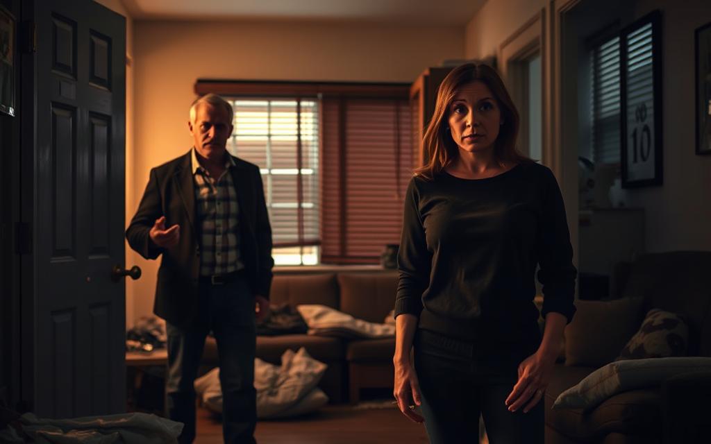 A Dimly Lit Apartment Interior With A Landlord Standing In The Doorway, Key In Hand, Expression Stern Yet Cautious. The Tenant, Startled, Stands By The Kitchen Counter, Eyes Wide With A Mixture Of Confusion And Concern. The Middle Ground Is Cluttered With Furniture, Suggesting A Sense Of Home And Privacy Being Invaded. The Background Features A Window With Blinds Partially Drawn, Casting Soft Shadows Across The Scene. The Lighting Is A Warm, Subdued Tone, Creating An Atmosphere Of Unease And Tension. The Composition Emphasizes The Power Dynamics And The Tenant'S Sense Of Vulnerability In The Face Of The Landlord'S Unexpected Entry.