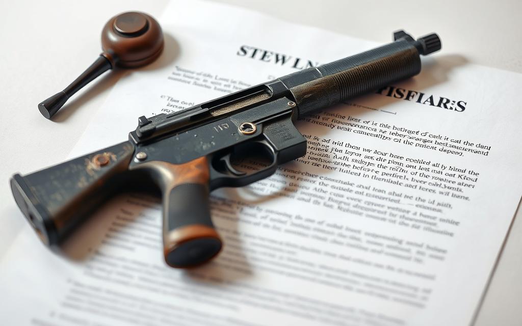 A Legal Document With A Stolen Firearm Resting On Top, Casting A Subtle Shadow. The Firearm Is Worn And Weathered, Hinting At A Troubled History. The Document'S Text Is Blurred, Suggesting The Legal Complexities And Responsibilities Involved. Soft, Muted Lighting Creates An Air Of Contemplation, Inviting The Viewer To Ponder The Consequences Of This Precarious Situation. The Composition Is Balanced, With The Firearm And Document Occupying The Mid-Ground, Framed By A Clean, Minimalist Background That Allows The Focal Elements To Stand Out.
