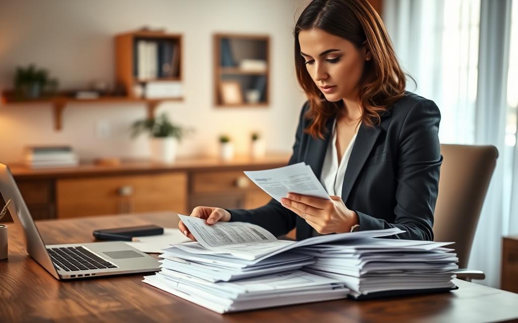 A Well-Lit, Modern Home Office Setting With A Wooden Desk, A Laptop, And A Stack Of Documents Neatly Arranged. A Woman, Dressed In Business Attire, Is Intently Reviewing Financial Records And Receipts, Meticulously Documenting Child Support Expenses. Soft, Warm Lighting Illuminates The Scene, Creating A Focused And Professional Atmosphere. The Background Is Subtly Blurred, Keeping The Attention On The Detailed Paperwork And The Woman'S Expression Of Diligence. The Overall Composition Conveys The Importance Of Accurately Tracking And Recording Child Support-Related Expenses.